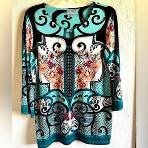 JM Collection multicolored tunic Scoop neck Bell sleeve silver embellishments